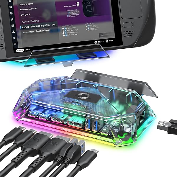 RGB ドッキングステーション、Steam Deck (OLED)/ROG Ally/Legion Go 用、12-in-1 ドック、4K@120Hz HDMI および DisplayPort ギガビットイーサネット USB-C 3.2 USB-A