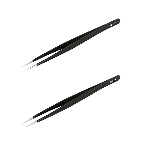 Aoje-Link ESD-11プロフェッショナル帯電防止精密技術ピンセット、非磁性ファインチップストレート、ステンレス鋼プラスチックコーティング、全長142mm、黒、2個