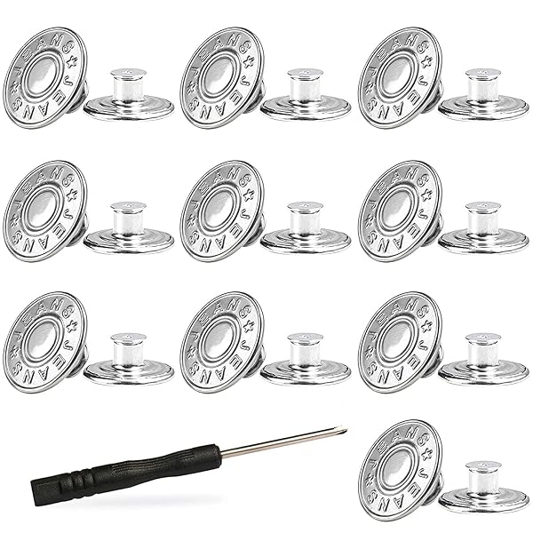 ジーンズボタン 金属ボタン 17mm 10個セット ネジ式 ジーンズ用 簡単取付け DIY 手作り 延長と縮小可能 専用ドライバー付き (シルバー)