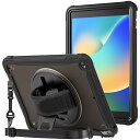 iPad 9/8/7 ショルダーケース 10.2”肩掛け式 子供用 耐衝撃 半透明カバー ペン収納 360°回転スタンド 手首付き 3層保護 (ブラック)(2)