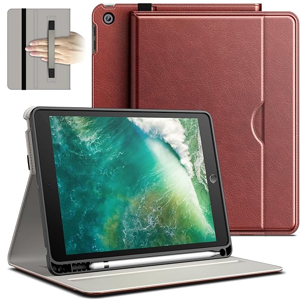 JEDirect iPad 6/5 ケース (9.7インチ、2018/2017モデル、第6/5世代用) PUレザー ビジネスフォリオ タブレット保護カバー Pencilホルダーとポケット付き マルチアングルの視聴 (棕色)