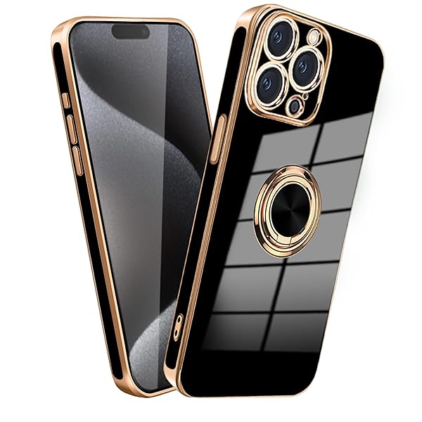 iPhone 15 ProMax ケース リング 耐衝撃 いphone15ProMax リング付き スマホケース TPU 車載ホルダー ストラップホール付き メッキ加工 カバー ブラック