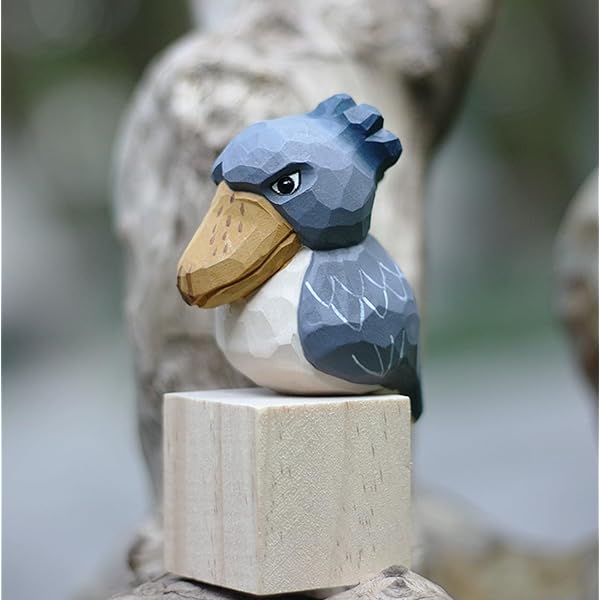 () ハシビロコウ置物 子ハシビロコウ Shoebill 木彫 木製 オブジェ 北欧雑貨 インテリア 人形 手作り バスウッド 小 (ブルー)