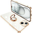 iPhone15 Plus ケース リング付き アイフォン15Plus リング カバー 耐衝撃 TPU 360°回転 スタンド機能 メッキ加工 車載ホルダー ストラップホール付き 6.7インチ(ホワイト)
