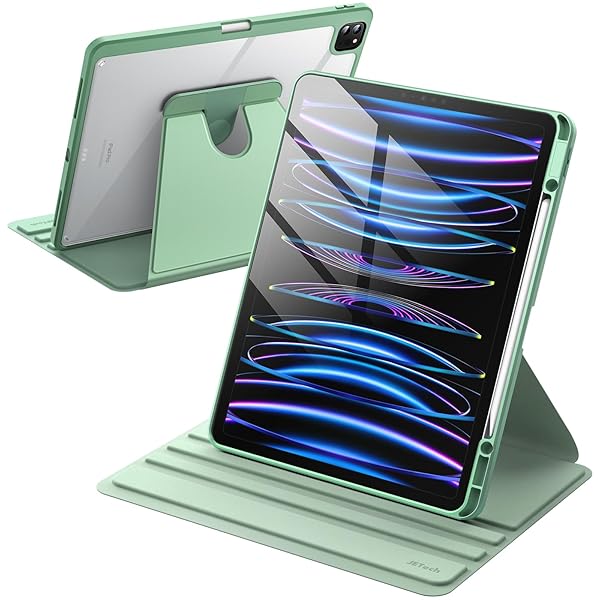 JEDirect 回転ケース iPad Pro 12.9インチ用 (2022/2021/2020/2018) Pencilホルダー付き 360°回転保護 スタンドカバー クリアバック 自動ウェイク/スリープ (抹茶グリーン)