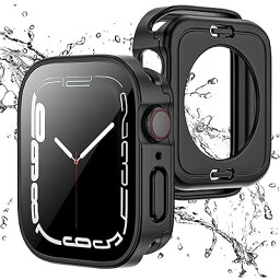 【2 in 1 全面保護】Apple Watch 用 防水ケース 41mm アップルウォッチ カバー 直角エッジデザイン 保護 アップルウォッチ Series 9/8/7 カバー ガラスフィルム 一体型 二重構造 PC環保素材 一体型カバー背面カバー