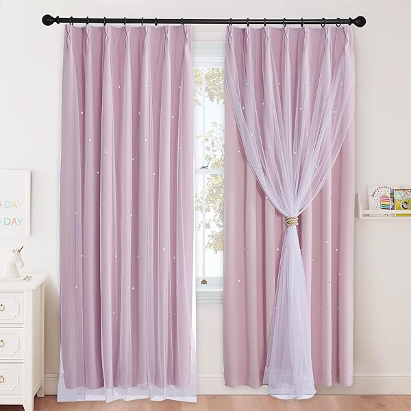 二重層遮光 カーテン ピンク かわいい 柄付き お姫様 100センチ丈カーテン スタ―ライト キラキラ おしゃれ curtains for bedroom 柔らかいカーテン 女の子 部屋飾り キラキラ 寝室 居間 100x178CM 2枚組