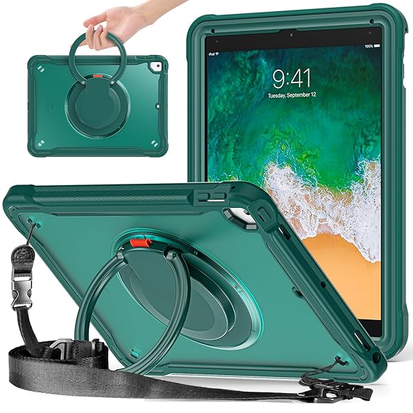 縦置き 横置き iPad 第6世代 5世代 9.7インチ ケース 肩掛け 360°回転持ち手 ペン収納 iPad5 iPad6 Air2 Pro9.7 カバー ショルダーストラップ付き ハードPC +シリコン リングスタンド 耐衝撃 半透明 背面カバ