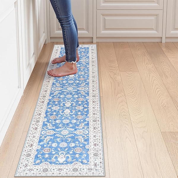 ラグ 廊下 洗える 45х240cm ペルシャ風 キッチンマット シェニール オールシーズン適用 花柄 滑り止め ホットカーペット対応 ラグマット 防音 抗菌防臭 リビング ダイニング カーペット アンティーク ライトブルー