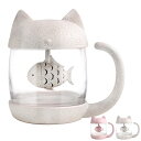 猫カップ 茶こし付きティーマグ キャット コーヒーマグ コーヒーカップ(ガラス製マグカップ、蓋、茶漉し付) (白)
