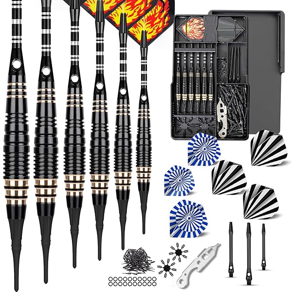 ダーツプラスティックチップ,ソフトチップダーツセット,6点18 g、追加ダーツ先端50個12個のダーツ9個のアルミシャフト2個のフライトプロテクターとスパナ、電...