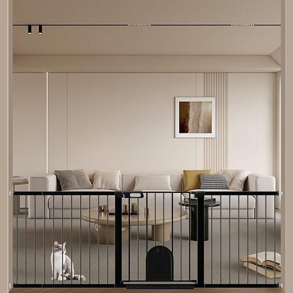 ベビーゲート ペットゲート ペットドア付き 猫 犬 ゲート 高さ76cm ベビーフェンス 突っ張り式 ダブルロック 自動閉鎖 両開き扉 赤ちゃんゲート ベビーガード 玄関 階段 拡張フレーム付き(ブラック、取付幅201-208cm)