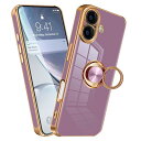 iPhone 16 ケース リング 耐衝撃 いphone16 リング付き スマホケース TPU 車載ホルダー ストラップホール付き メッキ加工 カバー パープル