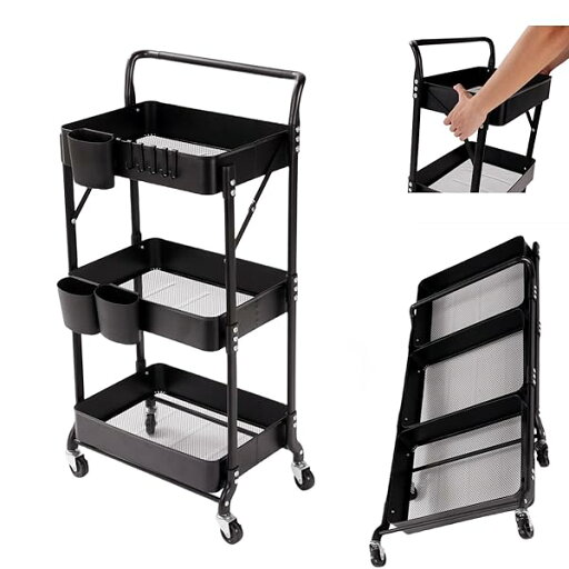 キッチンワゴン 折り畳み 3段タイプ 耐荷重60KG 幅46cm×奥行30cm×高さ82~93cm シンプルさ 収納ワゴン スチール製ボデイ キャスター付き スムース移動 吊り下げカップとフック小物収納 組立商品 (ブラック, 折畳3段) キッチンワゴン 折り畳み 3段タイプ 耐荷重60KG 幅46cm×奥行30cm×高さ82~93cm シンプルさ 収納ワゴン スチール製ボデイ キャスター付き スムース移動 吊り下げカップとフック小物収納 組立商品 (ブラック, 折畳3段)