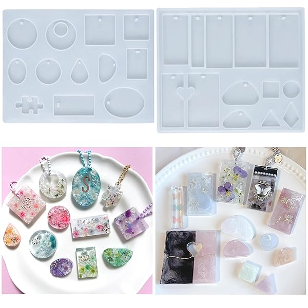 シリコンモールド レジン型 2枚セット 25種類 シリコンモールド イヤリング ペンダント キーホルダー 装飾 四角 長方形 正方形 丸 ハート おしゃれ 手作り DIY 型取り レジン型 (穴あけ不要,25種類)