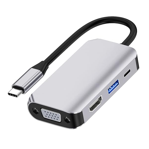Type-cハブ 4in1(VGAポート*1/ HDMIポート*1/ USB3.0 ポート*1/PD充電ポート)変換アダプタ 4K HDMI 1080P VGA 高速データ伝送 USB-C 直挿し 軽量 持ち運び便利 アルミニウム合金製 (グレー)