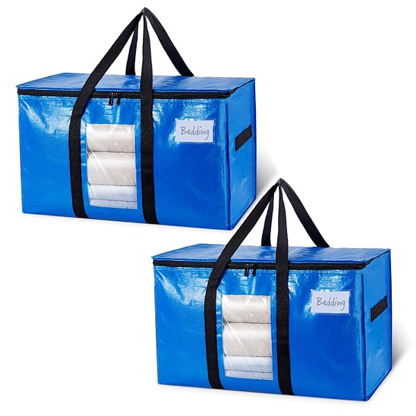 大きいバッグ 布団収納袋 引越しバッグ 収納ケース 特大容量 透明窓 持ち手付き 衣装ケース 洋服 羽毛布団 防塵防水 折りたたみ式 カバン 省スペース 引っ越し 背負える キャンプ 旅行 耐荷重 ブルー 2個セット 100L