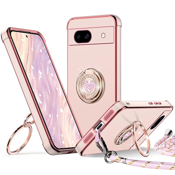 Pixel 8A 5G 用 ケース ダブルリング付き ショルダー ストラップ付き 耐衝撃 薄型 軽量 紐付き 肩掛け 斜めかけ かわいい 女の子 おしゃれ スマホケース ピクセル8A カバー - ピンク