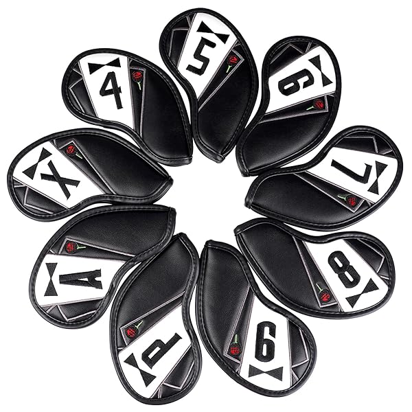 ゴルフアイアンカバー マグネット ウェッジカバー クラブヘッドカバー セット 9枚(4〜9,P,A,X) ブラック&ホワイト 合成皮革 The Golf Fat...
