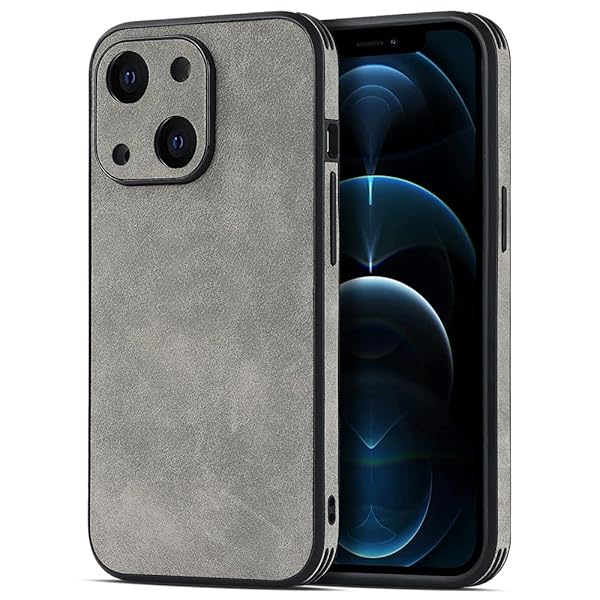 iPhone 13 Mini 用 ケース 耐衝撃 薄型 コンパクト メンズ PC素材 + 背面 高級なPUレザー ハードカバー マット加工 指紋防止 上質な手触り カメラ保護 アイフォン13ミニ 携帯カバー (グレー, iPhone13 Mini)