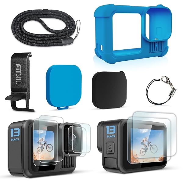 ブルー シリコン保護キット Go Pro Hero 13 Black 用、交換可能なバッテリーサイドカバー、シリコンレ..