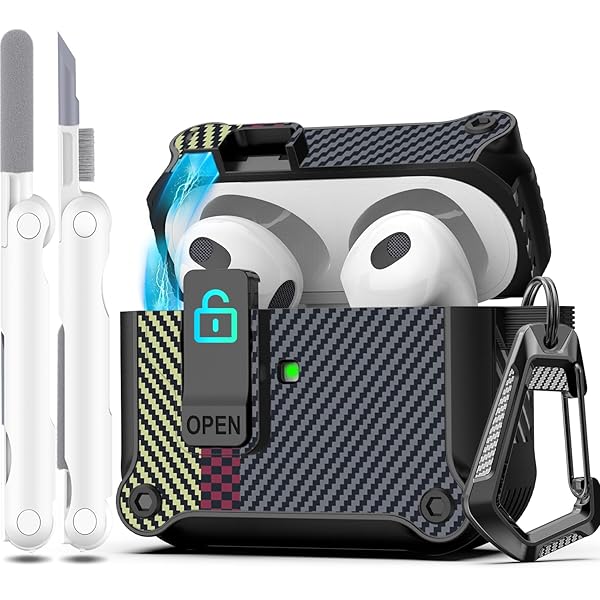for AirPods 第三世代 2021 ケースカバー、フルドロッププロテクション オートポップアップ蓋デザイン Apple Airpod 3 Gen ケース用 クリーナーキットとキーチェーン付き、カーボンファイバーグレー