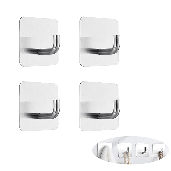 YWHWLX タオル掛け 粘着【4個入り】 壁掛けフック ステンレス 壁を傷つけない 90度フック部設計 防水 ..