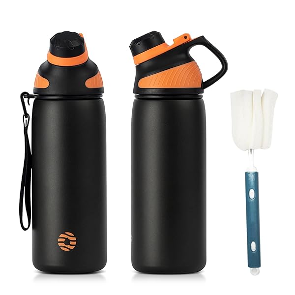 FJbottle 水筒 0.6リットル 真空断熱 マグボトル 600ml 保温 保冷 洗いやすい すいとう 広口 ステンレスボトル 魔法瓶 洗浄用スポンジ付き 女の子 男の子 おしゃれ 大人 子供 アウトドア ブラック