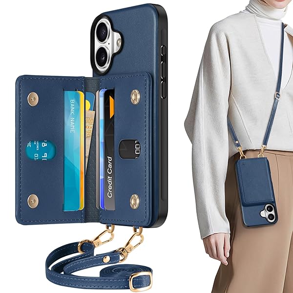 iPhone16 対応 ケース 背面 手帳型 ショルダーストラップ付き アイフォーン16ケース PUレザー [RFIDブロッキング] 6つポケット 取り外し不可 財布型 斜め掛け TPU素材 衝撃吸収 あいふぉん16カバー (2024年発売 6.1イ