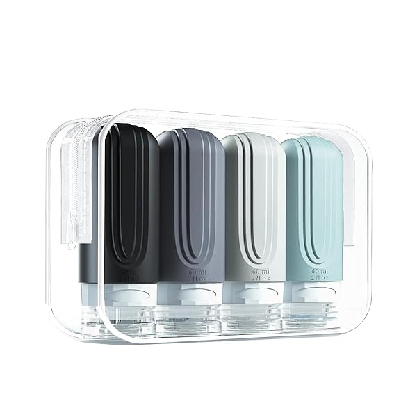 4本セット 60ML/90ML トラベルボトル 2025年新型 特殊な三重フタ構造で液漏れ防止 一目でわかる便利デザイン 旅行・シャンプーボトル 便利グッズ 収納ポーチ付き (はいいろ, 60ml)