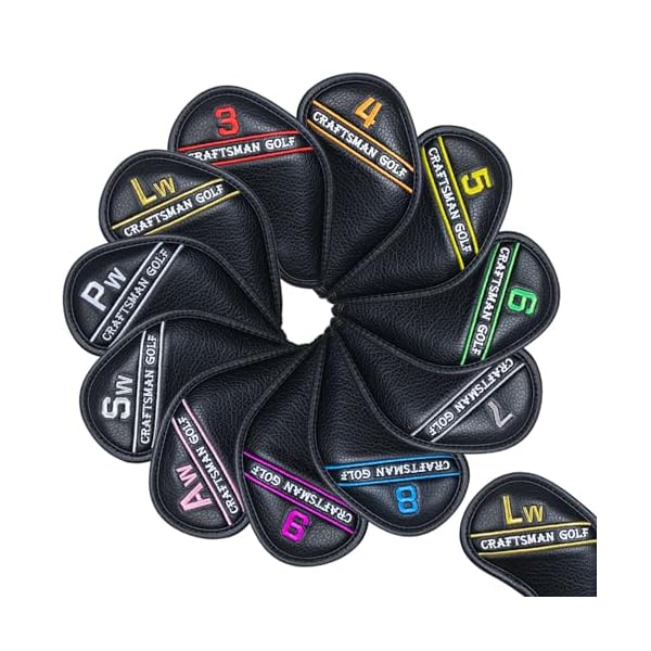 ゴルフアイアンカバー マグネット ウェッジカバー クラブヘッドカバー セット カラフル数字 12個入り(3〜9、Pw、Aw、Sw、Lw*2) ブラック合成皮革