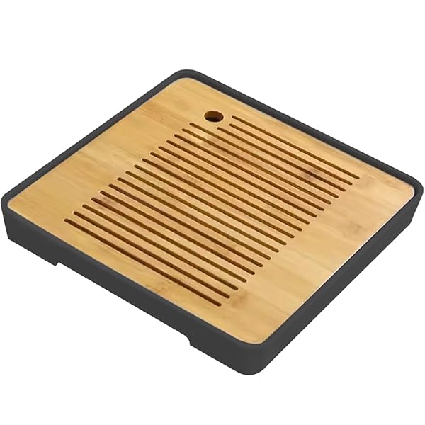茶盤 茶台 竹製プレート 貯水式 ティートレー 茶道具 樹脂皿 茶台 収納 板は取り外し可能 四角 中空 茶器 排水式(スクエア・黒・28cm)