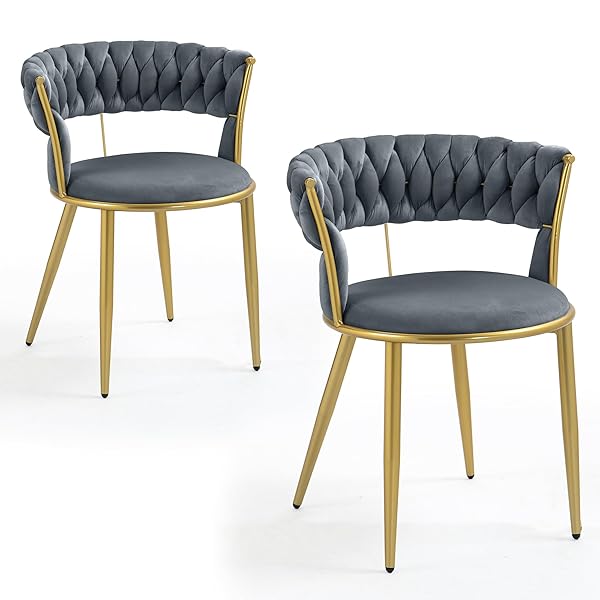 ダイニングチェア 2脚セット ゴールド金属脚 ベルベット生地 編み込み背もたれ付き タフテッドチェア ..