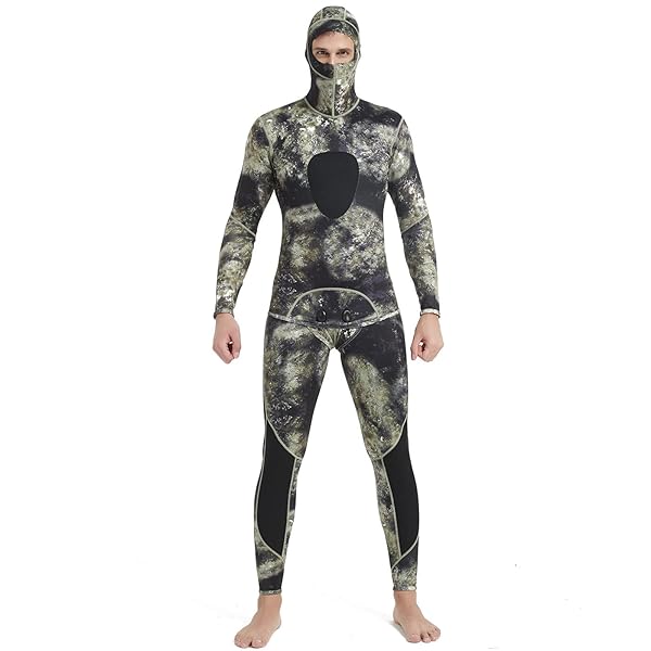 ウェットスーツ メンズ 5mm/3mm/1.5mm スピアフィッシング ツーピース 素潜り フード一体式 2ピース 上下セット ロングジョン仕様 カモ柄 表ジャージ*裏ジャージ* 裏起毛 MY012 (5mmグリーン, XXL)