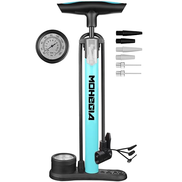 自転車 空気入れ: フロアポンプ - 仏式 米式 英式バルブ対応 - 160PSI スケール圧力計 - ブルー