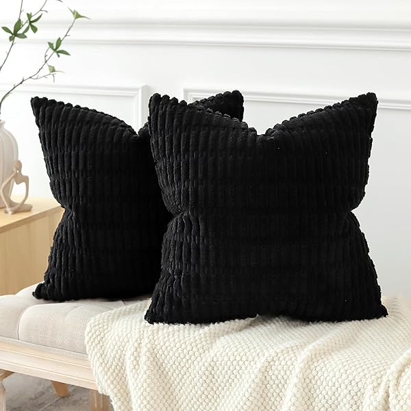 クッションカバー 45x45cm 北欧 2枚セット コールテン 麦の穂 おしゃれ 可愛い モダン エレガント ファスナー インテリア ソファー用クッションカバー クッションケース ソファ背当て くっしょんかばー 装飾枕カバー 座布団カバー (ブラック
