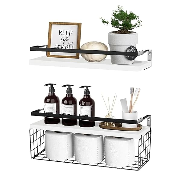 ウォールシェルフ 壁掛け棚 収納バスケット付き 壁 棚 ラック 2個セット 小物落下防止 おしゃれ 天然木..