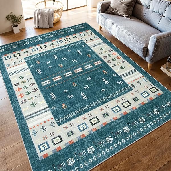 カーペット 3畳 200х250cm ラグ 洗える エスニック風 民族 カーペット対応 滑り止め 床保護 防音 リビング シェニール ラグマット オールシーズン適用 抗菌防臭 耐磨耗性 ギャベ柄 ピーコックブルー