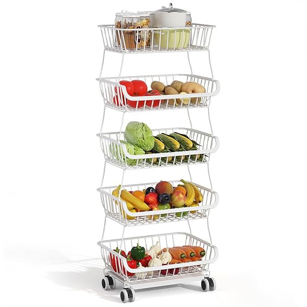 キッチンワゴン ラック 5段 キッチン キッチンシェルフ 収納カート 5段 スタッキングバスケット キッチ..