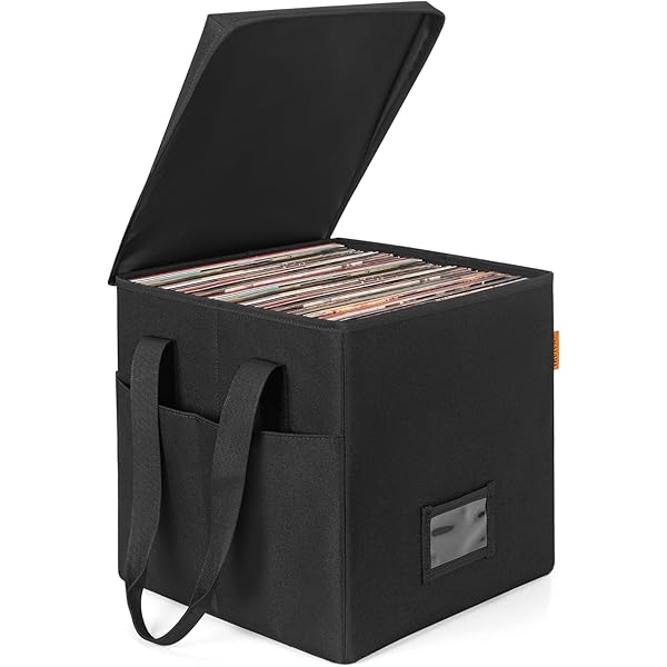 レコードケース ビニールレコード保管ボックス 長さ34.5 x 幅34 x 高い34cm 12インチ LPレコード用収納ボックス蓋付き LP盤約70枚収納可能 防塵 （ブラック）