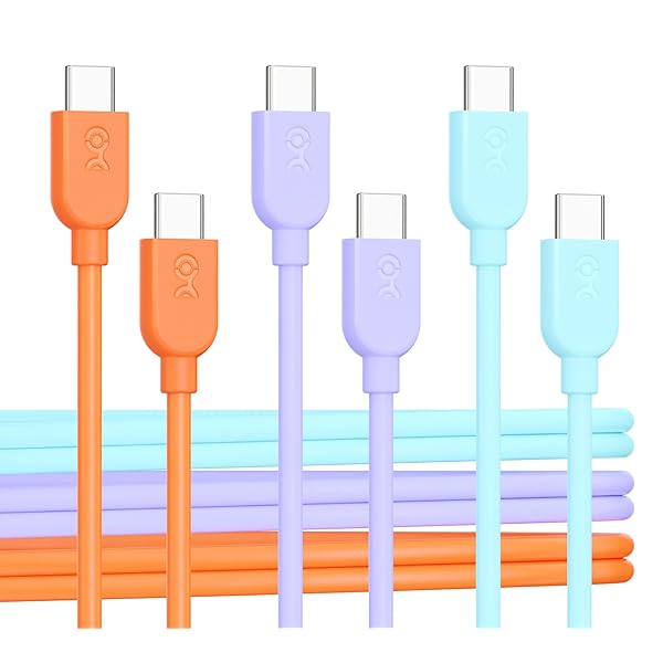 3 本セット 超柔軟 短い USB-C 充電ケーブル 0.3m、60W USB タイプ C ケーブル(オレンジ/ブルー/パープル)、Apple CarPlay/Android Auto 対応、iPhone 15/15 Pro/15 Plus/15 P