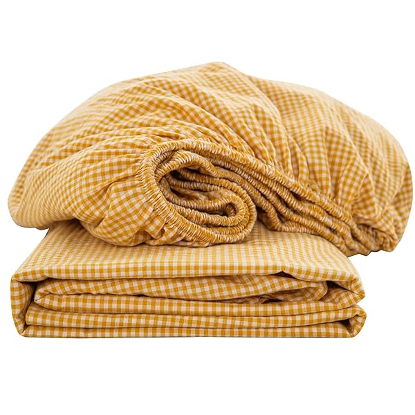 ボックスシーツ ワイドキング 200x200x30cm オーガニックコットン 洗いざらしの綿100% ベッドシーツ BOXシーツ 防ダニ ギンガムチェック イエロー