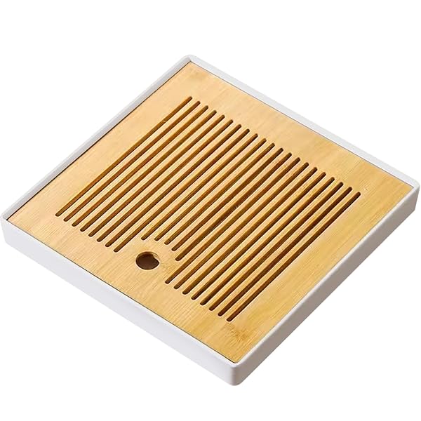茶盤 茶台 竹製プレート 貯水式 ティートレー 茶道具 樹脂皿 茶台 収納 板は取り外し可能 中空 茶器 排水式 (スクエア・白・25cm)