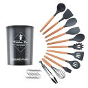キッチンツールセット シリコン 木製 11点セット 調理器具 製菓器具 トング 泡立て器 スパチュラ フライ返し おたま スプーン レードル パスタサーバー 黒
