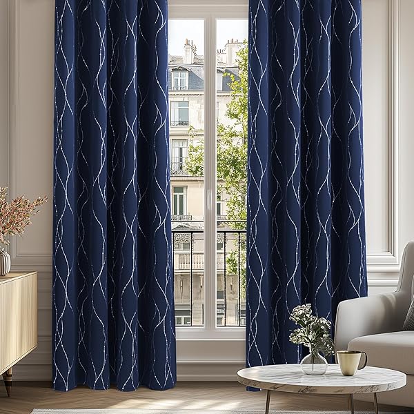 1級遮光 ドレープカーテン 幅100cm丈110cm 紺色 銀箔プリント 点線柄 断熱 遮熱 防音 節電対策 昼夜目..