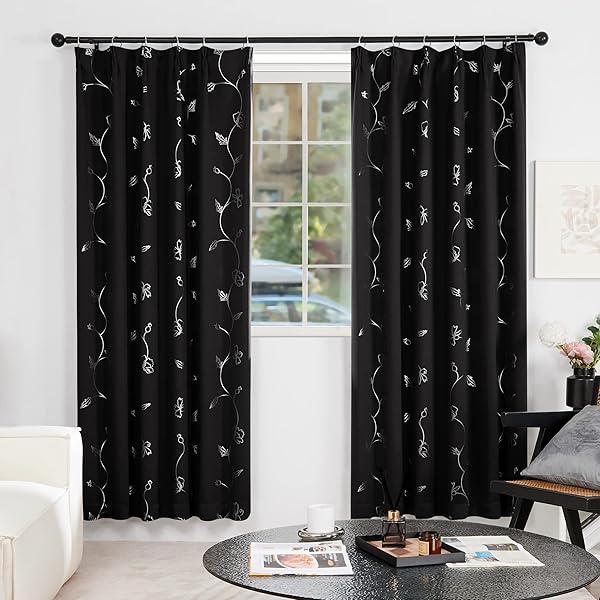 1級遮光カーテン 花柄 省エネ 昼夜目隠し 銀箔プリント 2枚組 幅100cm丈110cm ブラック