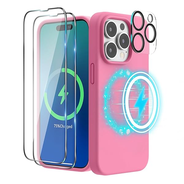 「4 in 1」 iPhone14 pro用ケース+スクリーンフィルム2枚+カメラフィルム1枚, 6.1インチ(2022) MagSafe対応 シリコンケース iPhone14 pro用ソフトカバー (ローズピンク)