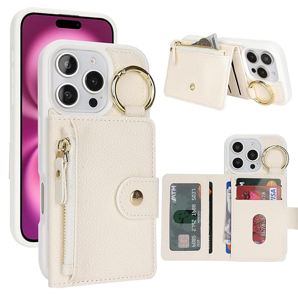 ケース iPhone 16 Pro 背面ケース翻盖型 キーホルダーリング付きクレジットカード入れ 女性用, アイフォン16pro 手帳ケースライチ紋様 横置き機能 背面収納ケース iPhone16Pro ケース 財布型 6.3in-ホワイト