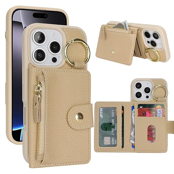 ケース iPhone 16 Pro Max 背面ケース翻盖型 キーホルダーリング付きクレジットカード入れ 女性用, アイフォン16 Pro Max 手帳ケースライチ紋様 横置き機能 背面収納ケース iPhone16 ProMax ケース 財布型 6.