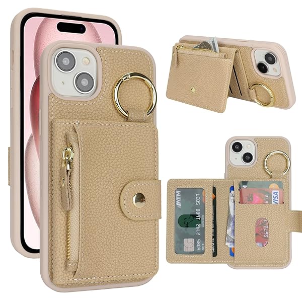 ケース iPhone 15 背面ケース翻盖型 キーホルダーリング付きクレジットカード入れ 女性用, アイフォン15 手帳ケースライチ紋様 横置き機能 背面収納ケース iPhone15 ケース 財布型 6.1in-ベージュ